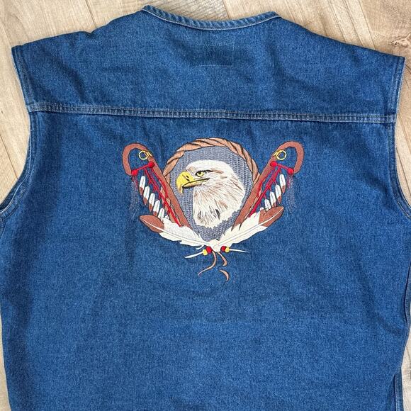 Vintage Native American Bald Eagle Jean Jacket Vest Mens 3XL - Picture 2 of 7